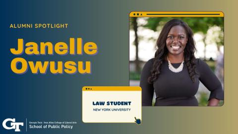Text reads "Alumni Spotlight, Janelle Owusu" and the School of Public Policy logo. Owusu's headshot is in a frame shaped like a desktop browser, with her title underneath.