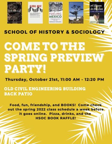 Yellow flyer for the spring 2022 course preview party with information in black and white text and images of the books