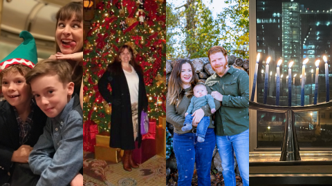A grid of four pictures, including two children smiling with a woman dressed as an elf making a funny face, a woman in front of a Christmas tree, a family with their newborn baby, and a lit menorah.