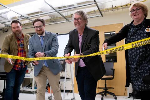 Pictured at the GVU Craft Lab ribbon cutting (left-to-right) are Clint Zeagler, Tim Trent, GVU's executive director Keith Edwards, and Beki Grinter, associate dean for faculty development in the College of Computing.