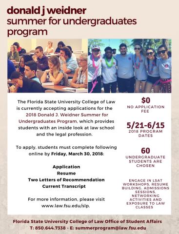 Advertisement for the FSU Summer Undergraduate Law Program