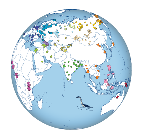 Geographic distribution of sequenced human genomes. Colors indicate geographic origins, and symbols refer to different sample subsets.