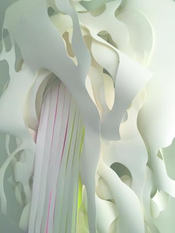 Detail of "Bursting" showing intricately cut paper