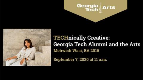 Technically Creative: Georgia Tech Alumni and the Arts with Mehwish Wasi on Georgia Tech Arts Facebook Live page. A woman with long dark hair sits on stone steps running up against a stone wall She is wearing pale, sand-colored pants and a loose top. She is smiling at the camera.