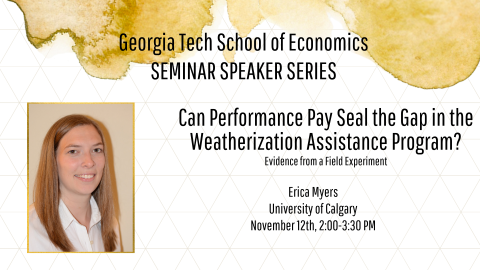 Graphic promoting the speaker series event with a photo of Erica Myers and black text on a gold patterned background