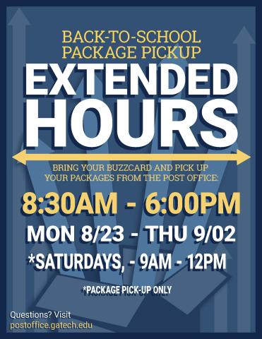 Flyer for extended hours at the Post Office. 