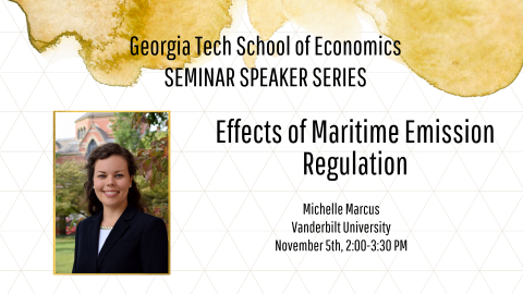 Graphic promoting the speaker series event with a photo of Michelle Marcus and black text on a gold patterned background