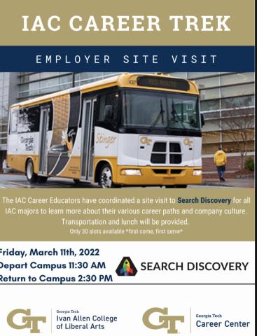 A photo of a georgia tech bus with  the words "IAC Career Trek" across the top in white on a gold background.