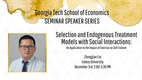 Graphic promoting the speaker series event with a photo of Zhongjian Lin and black text on a gold patterned background