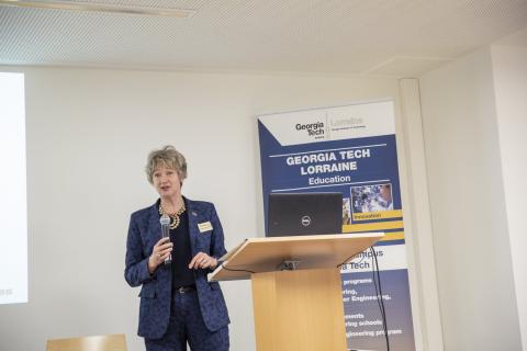A photo of Anna Westerstahl Stenport speaking at Georgia Tech's third European Innovation Forum