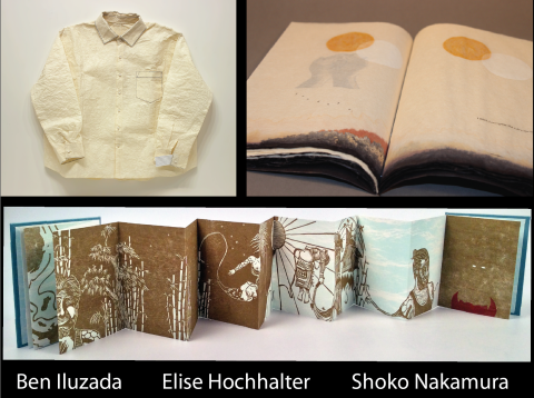 Image shows three artworks depicting books in different forms. In the upper left corner is a shirt made from paper, the top right is a traditional book form with images printed on translucent paper, and the bottom image is an accordion book with printed images.