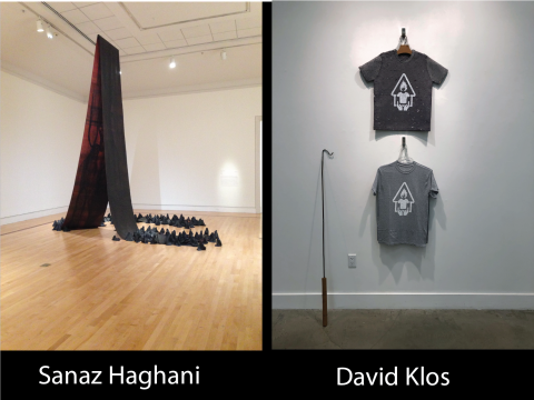 Image shows two large artworks: on the left is a large room with a giant piece of black paper suspended from the ceiling, forming a tent shape. Gathered in a circle at the base are dozens of tiny black-draped figures. The image on the right shows two t-shirts hung from the wall. The shirt on top is made of paper, and the one on the bottom is identical, except it is made from fabric. A clothes hanging pole leans on the wall beside the shirts.