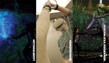 A triptych of images. From left to right: a blue, under water- looking setting with bodies moving within it.; a person wearing VR goggles; a green, forest-looking setting with bodies moving within it.
