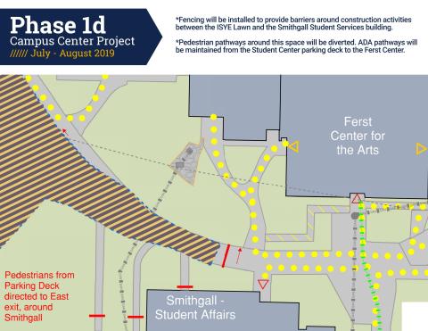 map of Phase 1d work next to Smithgall Student Services building