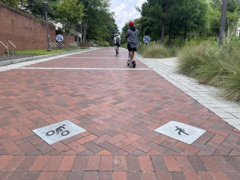 Photo of marked pavers on Atlantic Drive to separate slower and faster traffic.