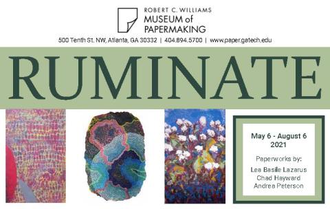 Large title "Ruminate" in green with three, small, multicolored images below. A text block contains the artists' names: Lea Basile Lazarus, Chad Hayward, Andrea Peterson