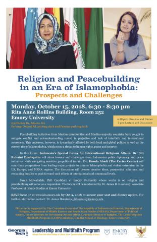 A poster for the Religion and Peacebuilding in an Era of Islamophobia lecture. 