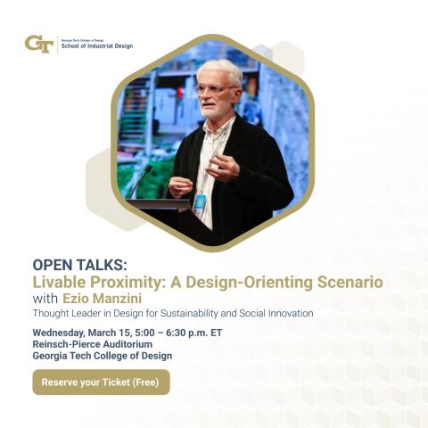 Promotional card for Ezio Manzini Open Talk event.