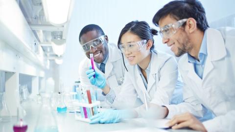 A stock image of three scientists standing together over a lab table. The one in the middle is holding up a tube of pinkish liquid.