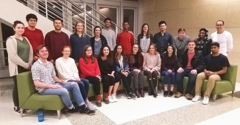 Group photo of the 2019 Sustainable Undergraduate Research Fellows. Back Row L to R: Leah Nofsinger, William Abdallah, Farouk Marhaba, Alexandra Shultz, Kathryn McCarthy, Ranal Tudawe, Shivan Mittal, Gigi Pavur, Leo Chen, Matthew Lim, Kyte Harvey, and Michael Chang. Front Row L to R: Joey Buehler, Kat Matthews, Ashlyn Sasser, Micah Landwermeyer, Jeniveve Vaia, Elizabeth Krakovski, Anielle Duritza, Christi Nakajima, Conner Hawley, and Kian Halim. Not Pictured: Chloe Kiernicki, and Olivia Wagner.