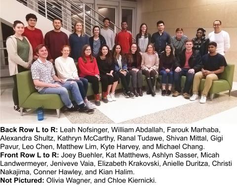 Group photo of the 2019 Sustainable Undergraduate Research Fellows. Back Row L to R: Leah Nofsinger, William Abdallah, Farouk Marhaba, Alexandra Shultz, Kathryn McCarthy, Ranal Tudawe, Shivan Mittal, Gigi Pavur, Leo Chen, Matthew Lim, Kyte Harvey, and Michael Chang. Front Row L to R: Joey Buehler, Kat Matthews, Ashlyn Sasser, Micah Landwermeyer, Jeniveve Vaia, Elizabeth Krakovski, Anielle Duritza, Christi Nakajima, Conner Hawley, and Kian Halim. Not Pictured: Chloe Kiernicki, and Olivia Wagner.