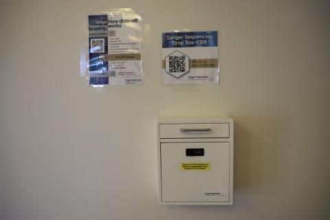 One of six dropboxes in the BioQuad where researchers can leave samples to be processed.