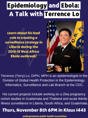 Informational flyer for Epidemiology and Ebola: A talk with Terrence Lo