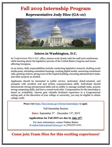 Information regarding an internship with the office of Rep. Jody Hice, along with a photo of the capitol building.
