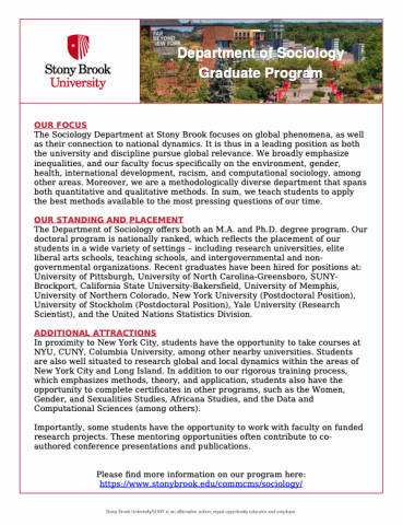 Flyer for the Stony Brook University Sociology PhD program.