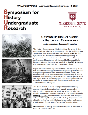 Flyer for the Symposium for History Undergraduate Research at Mississippi State University.