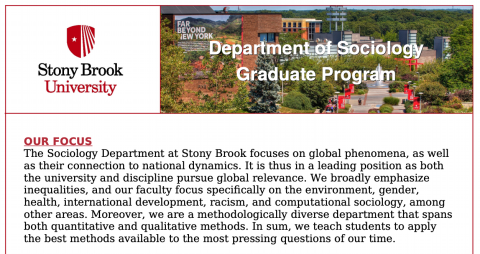Image of Stony Brook with information on their sociology program.