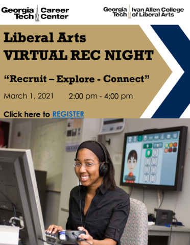 A woman with a headset and a video came controller sits in front of a computer screen smiling at the camera. The text reads "Liberal Arts Virtual REC Night (Recruit, Explore Connect) on March 1, 2021 from 2-4 pm" and the image contains a hyperlink to register.