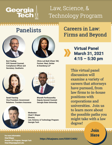 Flyer for an LST panel on March 31st titled "Careers in Law: Firms and Beyond"