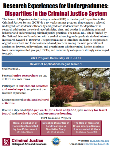 The REU-DCJS is a 10-week program that engages undergraduates with faculty and graduate student research addressing the role of race/ethnicity, class, and gender in explaining criminal behavior and understanding criminal justice practices.