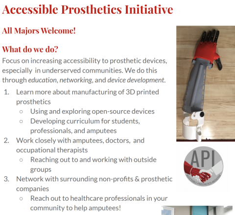 Accessible Prosthetics Initiative Flyer with picture of prosthetic arm