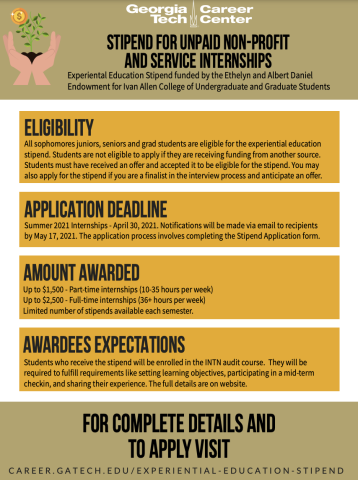 Flyer for the experiential education stipend for summer 2021.