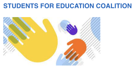 Cartoon hands overlapping. The text "Students for Education Coalition" is in blue at the top.