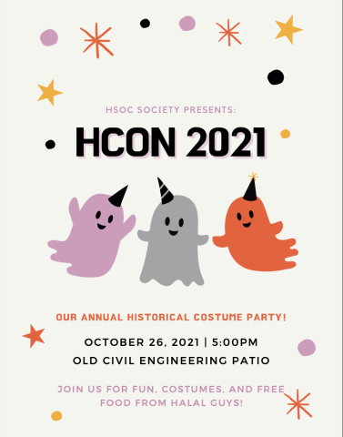 HCON 20201 event flyer with colorful ghosts and stars and text for the event