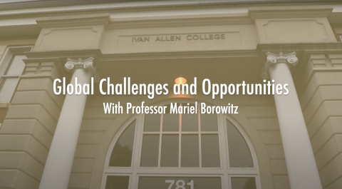 The Habersham building with a gold screen over it and the text "Global Challenges and Opportunities with Professor Mariel Borowitz" on top.