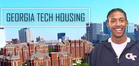 Tech student in front of residence halls.