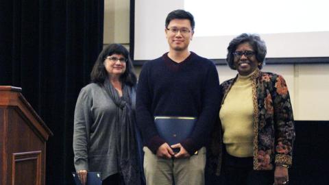 Professor Carol Colatrella, Public Policy Ph.D. student Seokbeom Kwon, and Ivan Allen College of Liberal Arts Dean Jacqueline Royster.