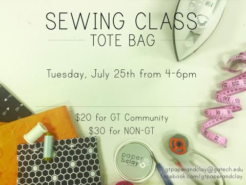 Paper and Clay Tote Bag Sewing Class on 7/25 .