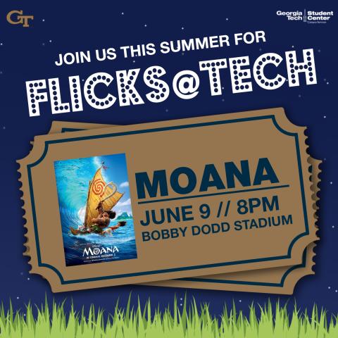 Flyer for outdoor screening of Moana at Bobby Dodd Stadium June 9 at 8pm