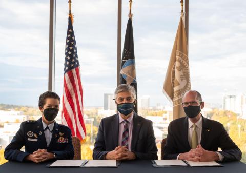 Lt. General Nina M. Armagno, U.S. Space Force director of staff, with Georgia Tech Executive Vice President for Research Chaouki T. Abdallah and Provost Steven W. McLaughlin