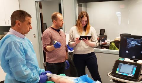 The Ocelot™ system being tested by Dr. Gerard Malanga, founding member of the TendoNova Medical Advisory Board. Also pictured two of the TendoNova co-founders, Jonathan Shaw and Shawna Khouri.