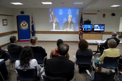 Angie Leith from the US Environmental Protection Agency (left) and Dr Valerie Thomas from Georgia Tech Atlanta beam in from Washington DC to an interested audience at the US Embassy in Wellington, New Zealand.