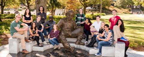 photograph of ECE students with Einstein statue