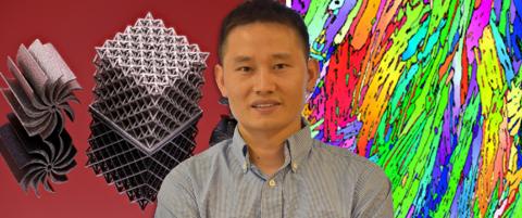 Wen Chen stands in front of an illustrated background, with spiral and cube-like structures to the left, and an array of rainbow streaks of color to the right
