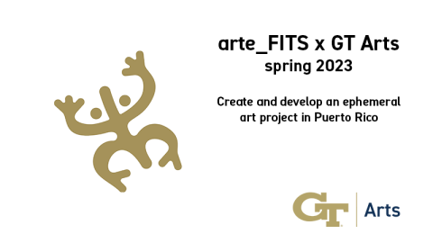 A hieroglyphic-like line drawing of the coqui, the small gold frog, next to the words arte_FITS x GT Arts, as well as the interlocking GT logo