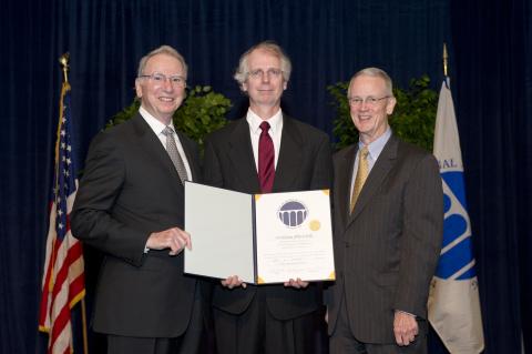 From Left to Right: Dr. Irwin M. Jacobs (NAE Chair), William J. “Bill” Cook, and Dr. Charles M. Vest (NAE President)